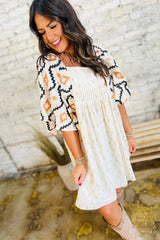 Beige Western Aztec Print Pleated Square Neck Loose Mini Dress Mini Dresses JT's Designer Fashion