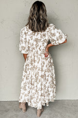 Khaki Floral Puff Sleeve V Neck Buttoned Front Long Dress Maxi Dresses JT's Designer Fashion