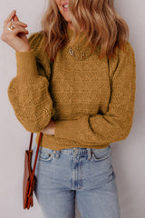 Jurassic Gold Hollow Out Crochet Ribbed Edge Balloon Sleeve Sweater Sweaters JT's Designer Fashion