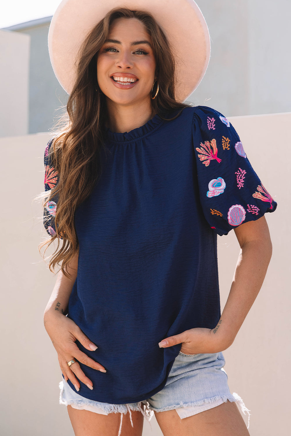 Sail Blue Shellfish Coral Embroidery Puff Sleeve Frilled Neck Blouse Blouses & Shirts JT's Designer Fashion