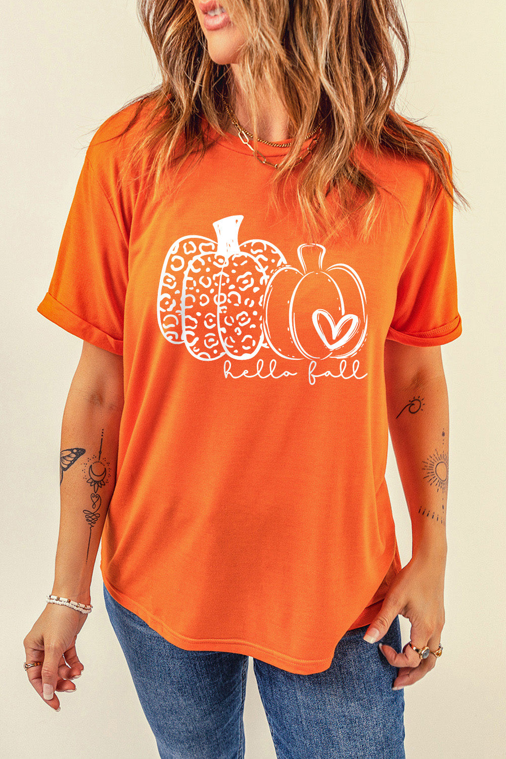 Orange Pumpkin Graphic Crew Neck T-shirt Graphic Tees JT's Designer Fashion