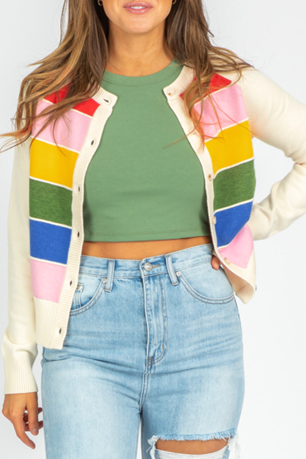 White Stripe Colorful Pattern Button Front Sweater Cardigan White Stripe 50%Viscose+28%Polyester+22%Polyamide Cardigans JT's Designer Fashion