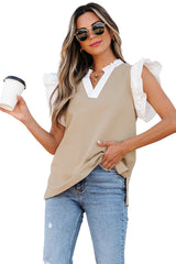 Pale Khaki Contrast V Neck Ruffled Textured Knit Top Blouses & Shirts JT's Designer Fashion