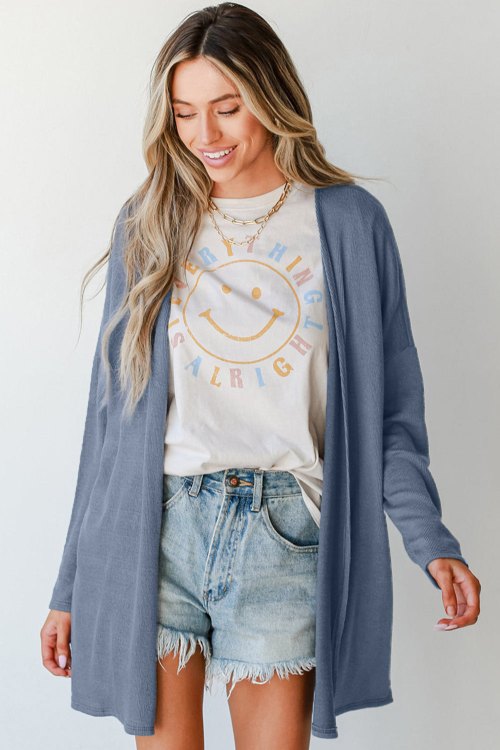Ashleigh Blue Solid Color Rib Knit Open Front Tunic Cardigan Cardigans JT's Designer Fashion