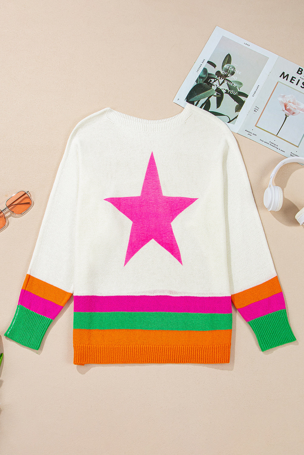 White Star Pattern Colorblock Striped Edge Drop Shoulder Sweater Sweaters JT's Designer Fashion