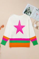 White Star Pattern Colorblock Striped Edge Drop Shoulder Sweater Sweaters JT's Designer Fashion