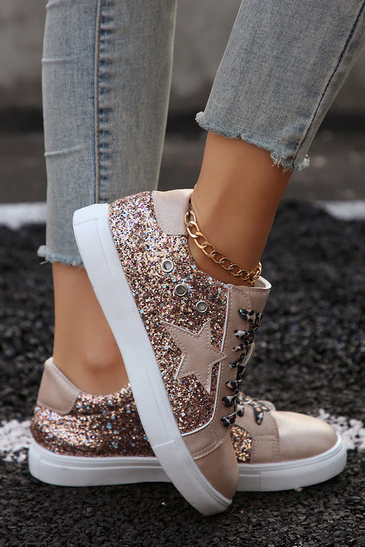 Gold Star Sequin Patchwork Leopard Lace-up Shoes Women's Shoes JT's Designer Fashion