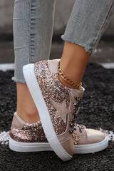 Gold Star Sequin Patchwork Leopard Lace-up Shoes Women's Shoes JT's Designer Fashion