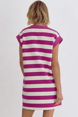 Rose Stripe Cap Sleeve Pocketed Shift T-shirt Dress T Shirt Dresses JT's Designer Fashion