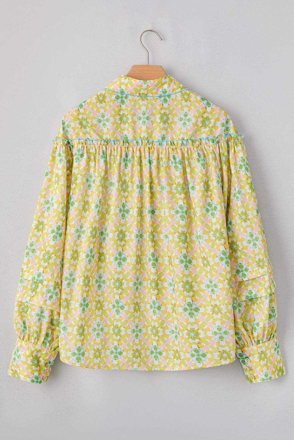Green Boho Floral Print Frilly Detail Puff Sleeve Shirt Blouses & Shirts JT's Designer Fashion