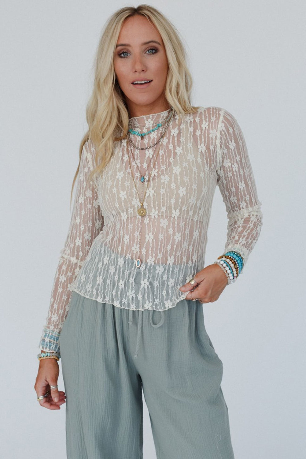 White Sheer Floral Lace Long Sleeve Slim Fit Top Long Sleeve Tops JT's Designer Fashion