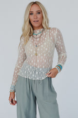 White Sheer Floral Lace Long Sleeve Slim Fit Top Long Sleeve Tops JT's Designer Fashion
