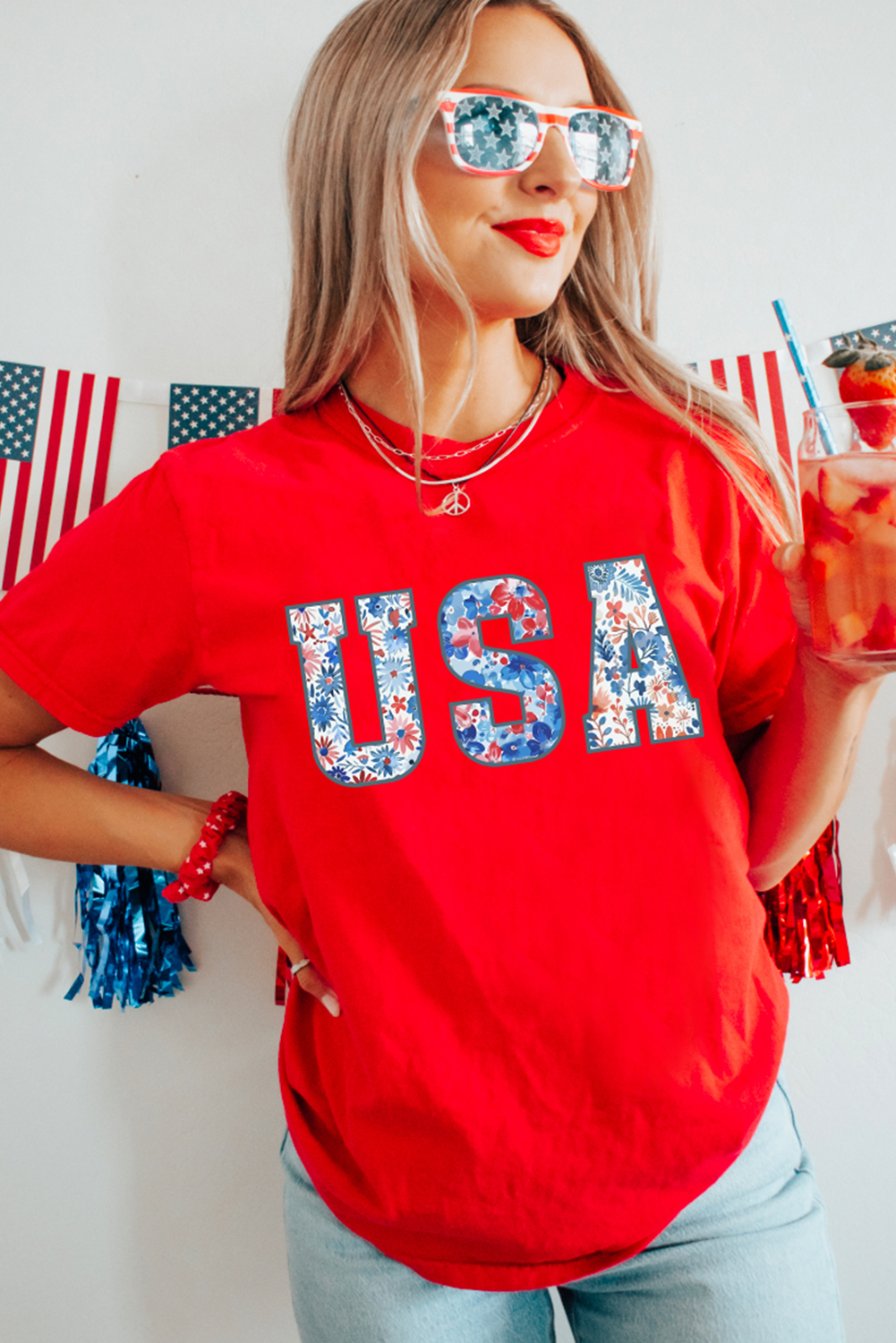 Red Floral USA Graphic Cuffed Sleeve Crew Neck Tee Graphic Tees JT's Designer Fashion