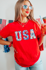 Red Floral USA Graphic Cuffed Sleeve Crew Neck Tee Graphic Tees JT's Designer Fashion
