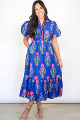 Sky Blue Floral Puff Short Sleeve V Neck High Waist Maxi Dress Floral Dresses JT's Designer Fashion