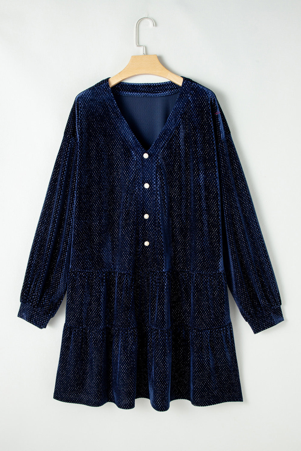 Navy Blue Plus Size Textured Velvet Tiered Button V Neck Dress Plus Size Mini Dresses JT's Designer Fashion