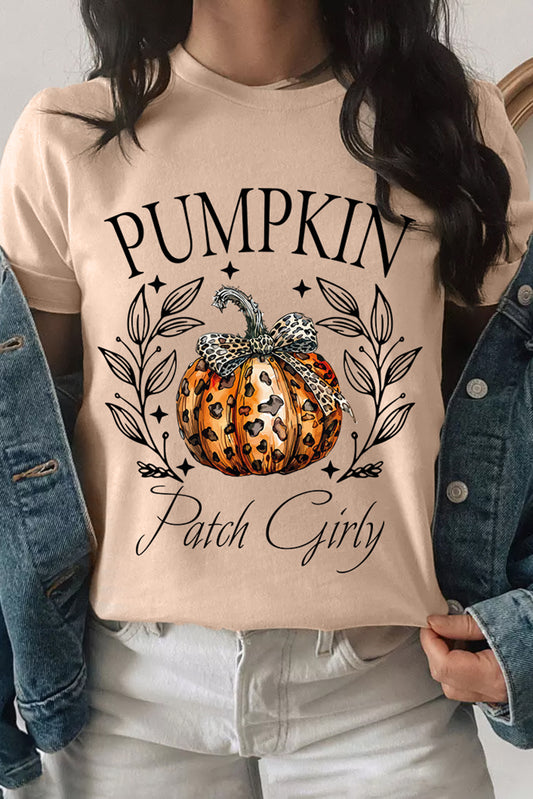 Khaki PUMPKIN Patch Girly Leopard Bowknot Pumpkin Graphic T Shirt Graphic Tees JT's Designer Fashion