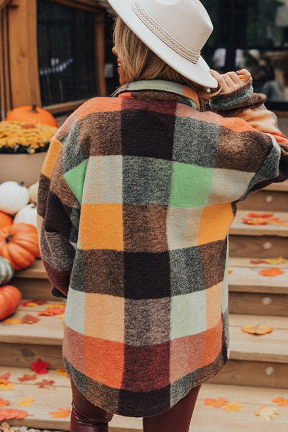 Orange Plaid Print Flap Pocket Long Jacket Jackets JT's Designer Fashion