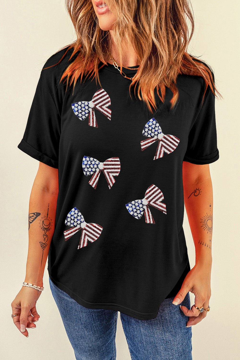 Black Sequined Flag Bowknot Graphic T Shirt Graphic Tees JT's Designer Fashion