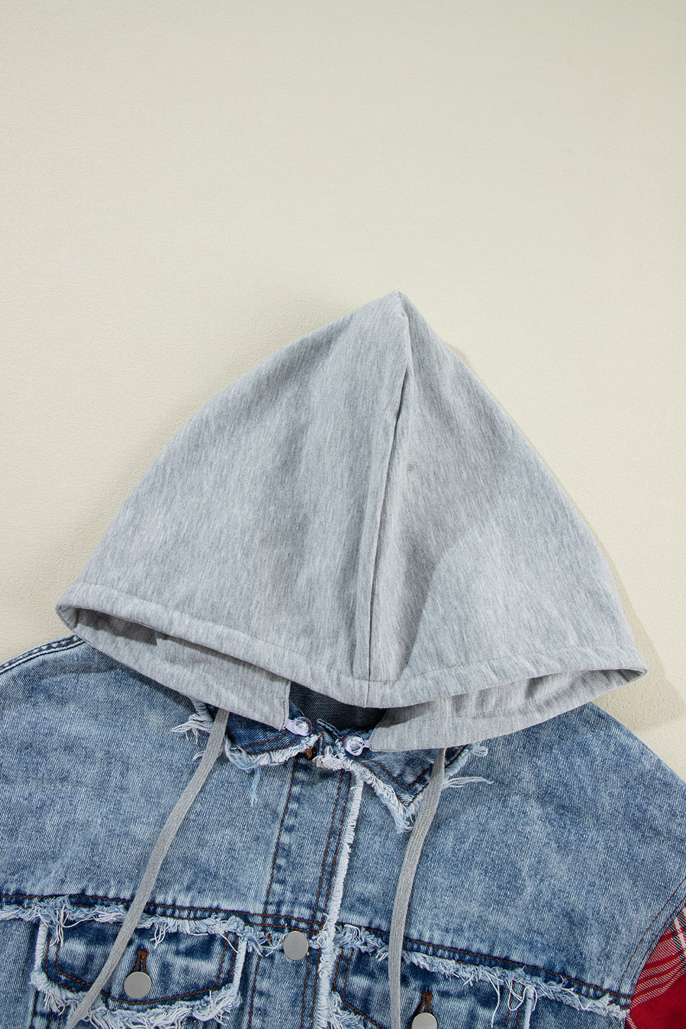Beau Blue Plaid Print Patchwork Hooded Raw Hem Denim Jacket Denim Jackets JT's Designer Fashion
