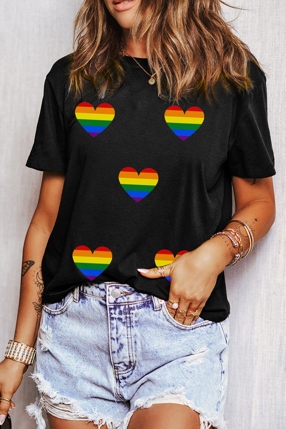 Black Heart Print Crew Neck Chic T Shirt Graphic Tees JT's Designer Fashion