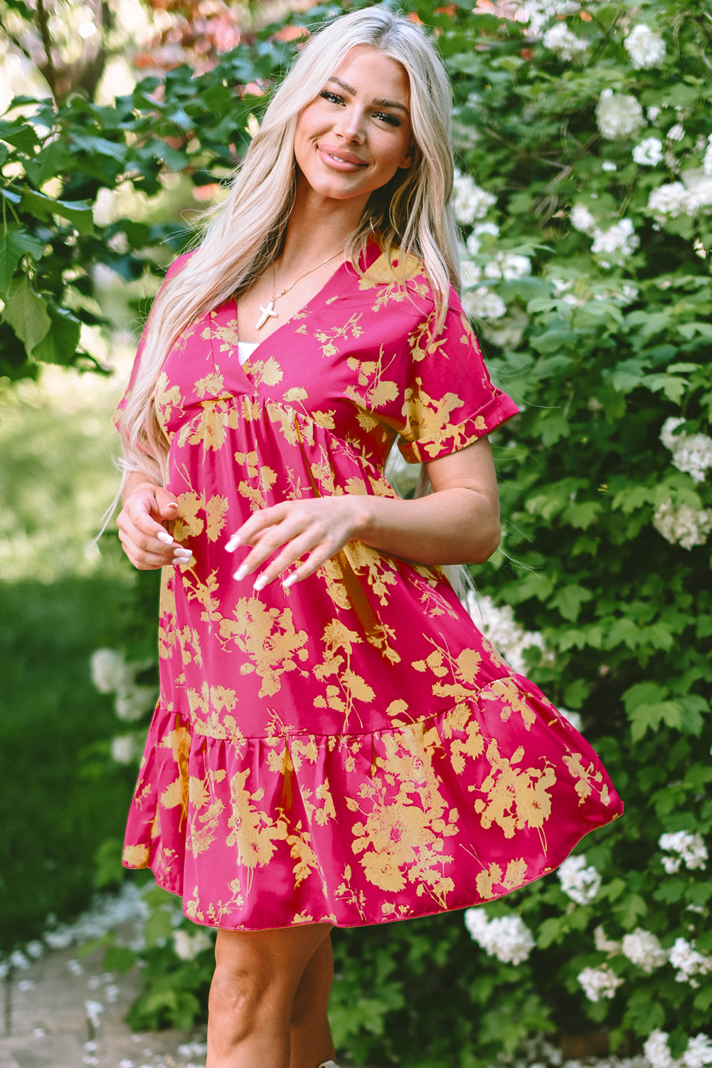 Rose Floral Print Batwing Sleeve Smock Dress Floral Dresses JT's Designer Fashion