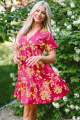 Rose Floral Print Batwing Sleeve Smock Dress Floral Dresses JT's Designer Fashion