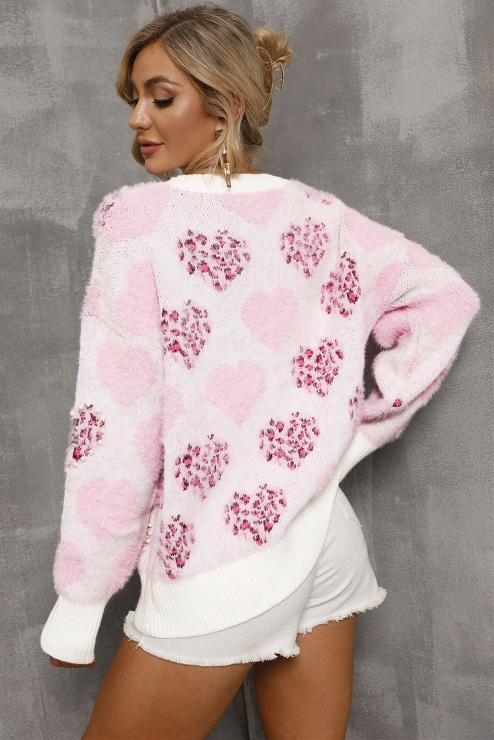 Pink Heart Leopard Print Pearled Ribbed Trim Fuzzy Sweater Sweaters JT's Designer Fashion