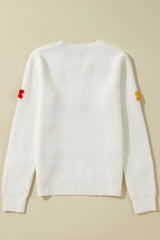 White Colorful Flower Applique Textured Knit Sweater Sweaters JT's Designer Fashion