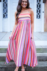 Multicolour Striped Thin Straps Smocked Back Boho Maxi Dress Dresses JT's Designer Fashion