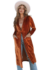 Brown Retro Velvet Long Sleeve Pocket Coat Coats JT's Designer Fashion