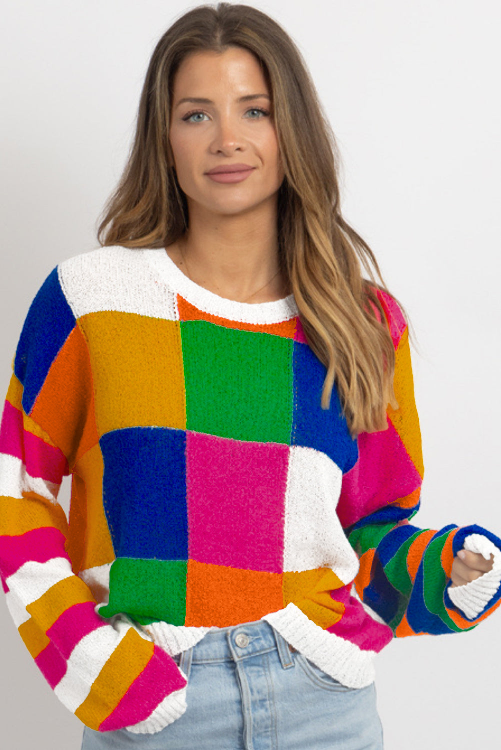 Orange Checkered Color Block Round Neck Loose Sweater Sweaters JT's Designer Fashion