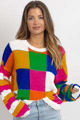 Orange Checkered Color Block Round Neck Loose Sweater Sweaters JT's Designer Fashion