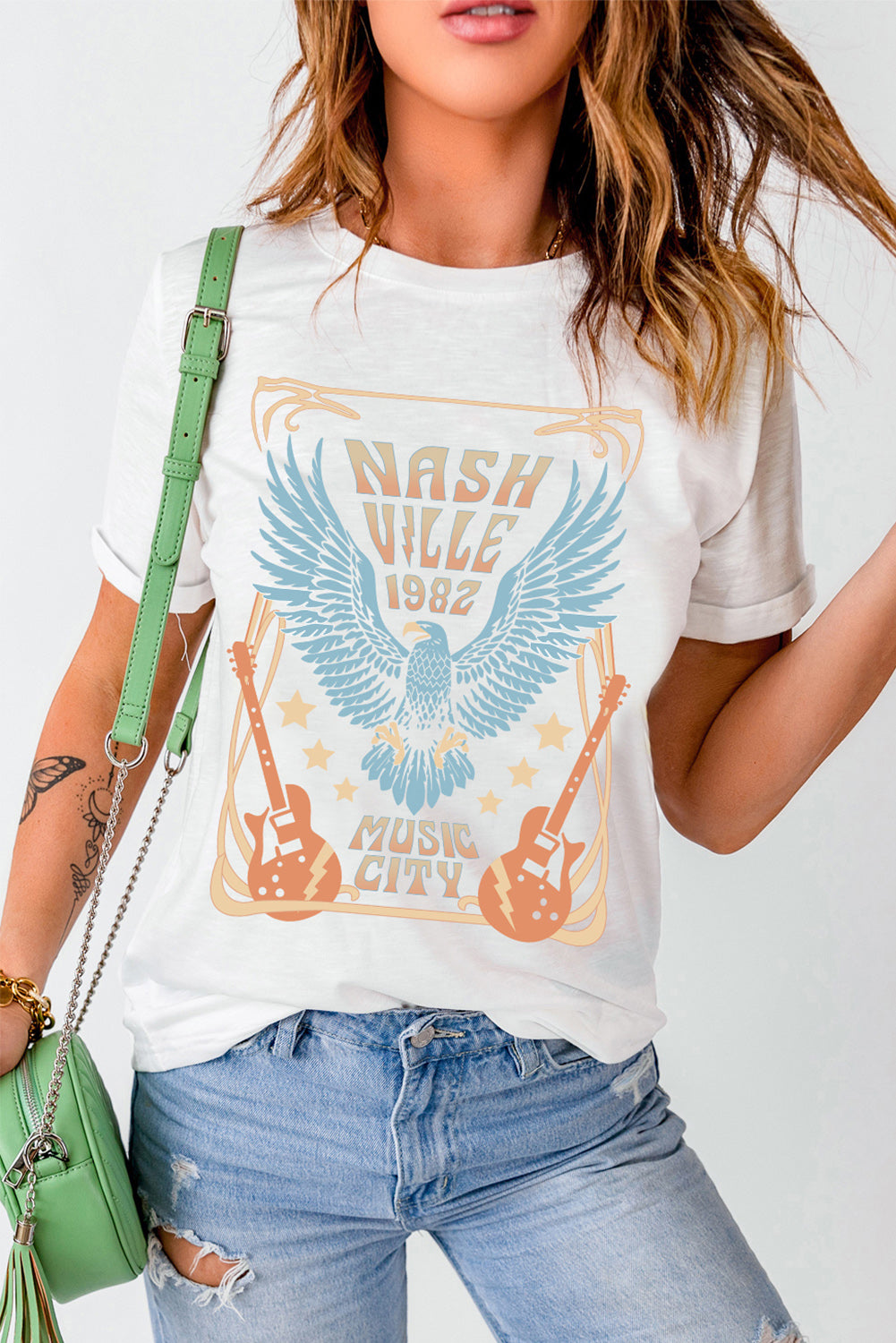 White NASHVILLE 1982 MUSIC CITY Casual T Shirt Graphic Tees JT's Designer Fashion