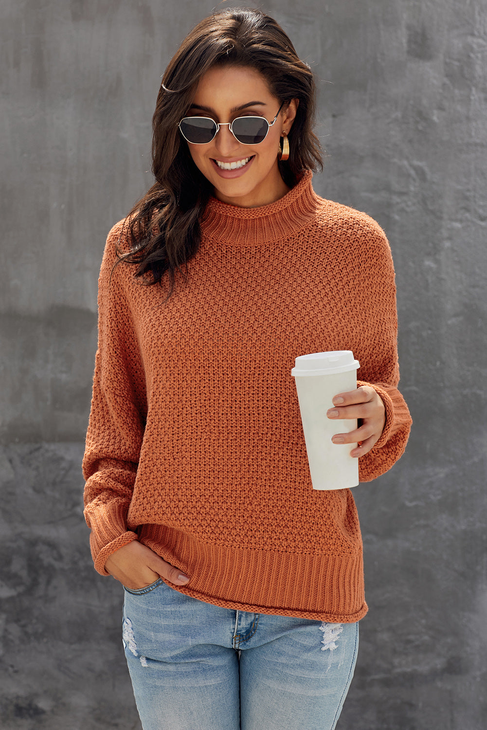 Orange Oversized Chunky Batwing Long Sleeve Turtleneck Sweater Sweaters & Cardigans JT's Designer Fashion