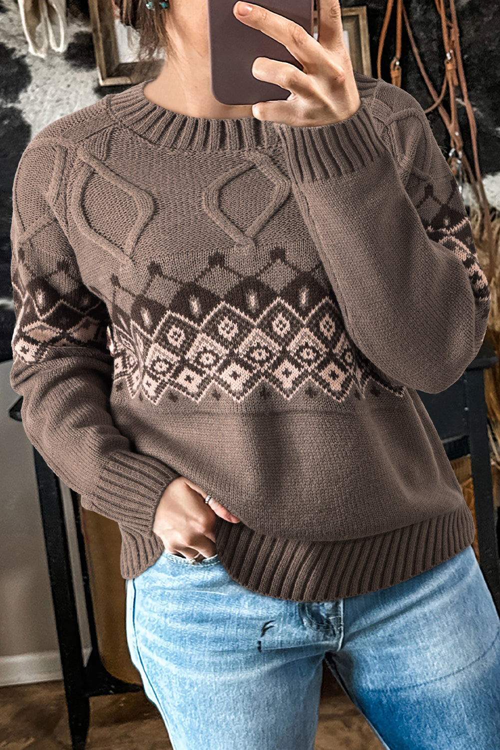 Light French Beige Western Geometric Patterned Crew Neck Knitted Sweater Sweaters JT's Designer Fashion