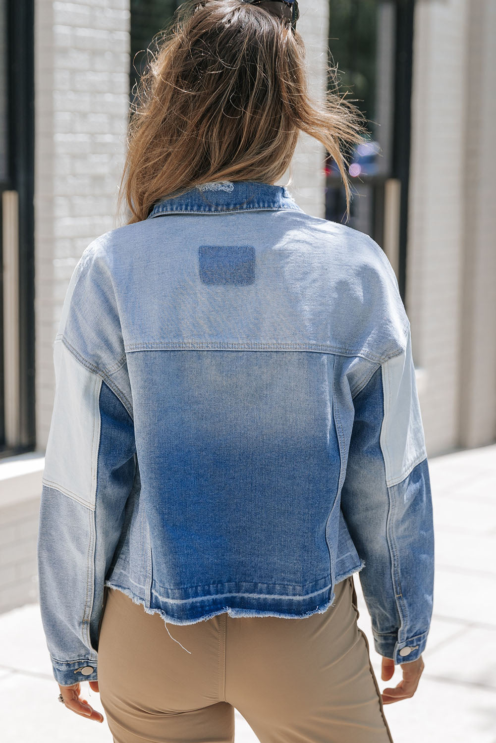 Sky Blue Color Block Denim Patchwork Frayed Hem Jacket Denim Jackets JT's Designer Fashion