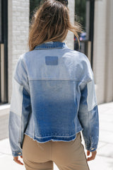 Sky Blue Color Block Denim Patchwork Frayed Hem Jacket Denim Jackets JT's Designer Fashion