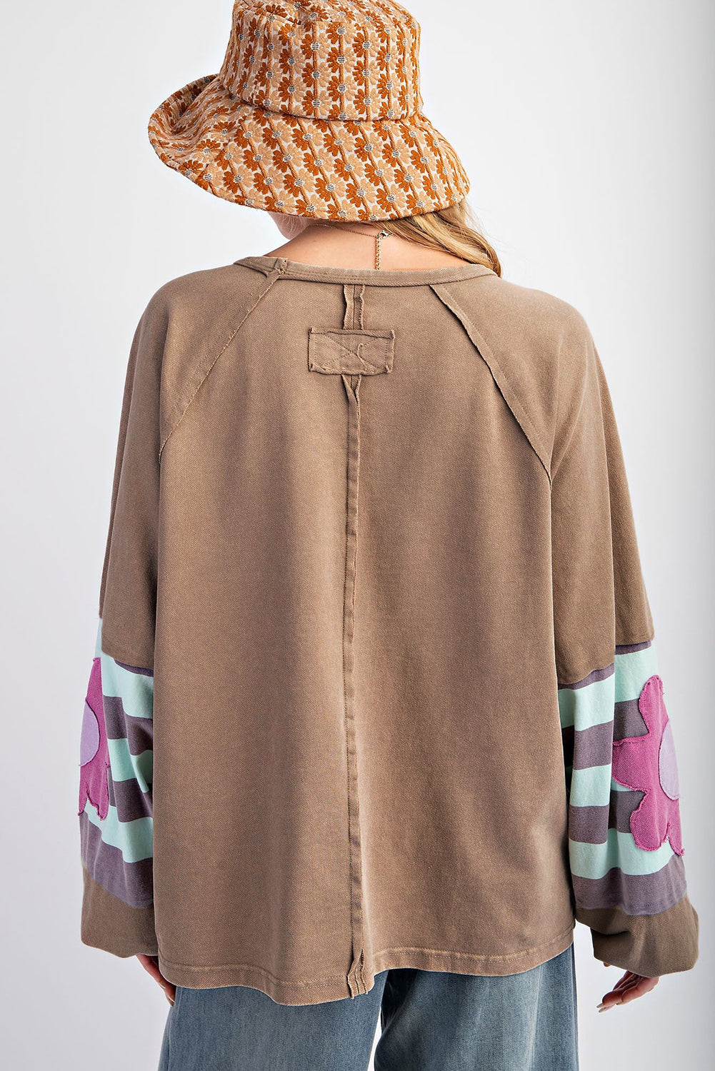 Dune Flower Patchwork Raglan Sleeve Exposed Seam Oversized Top Long Sleeve Tops JT's Designer Fashion