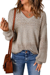 Brown Eyelet Pattern Detail V Neck Drop Shoulder Sweater Sweaters JT's Designer Fashion