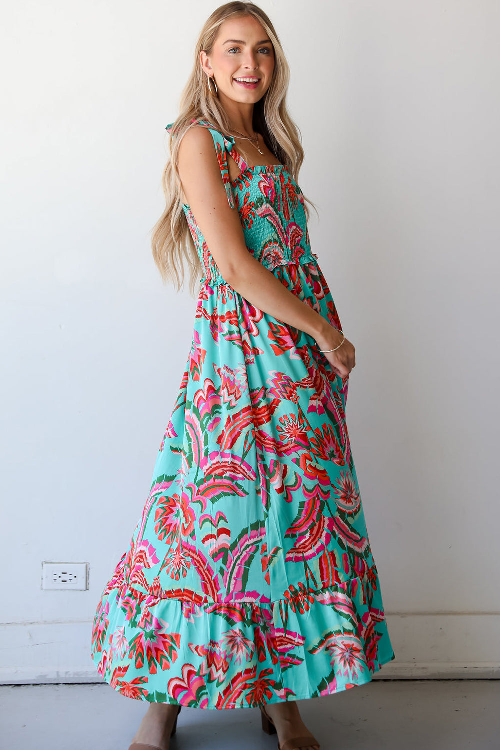 Green Abstract Print Smocked Bodice Knotted Straps Ruffled Long Dress Maxi Dresses JT's Designer Fashion