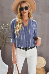 Blue Striped V Neck Pocket Long Sleeve Top Long Sleeve Tops JT's Designer Fashion