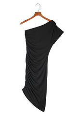 Black One-shoulder Short Sleeve Ruched Bodycon Dress Bodycon Dresses JT's Designer Fashion
