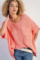 Fresh Salmon Short Sleeve Patched Pocket Split Baggy Knit Top Sweaters & Cardigans JT's Designer Fashion