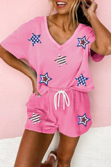 Bonbon Sequin American Flag Star Patch V Neck Tee and Short Set Bonbon 70%Polyester+25%Cotton+5%Elastane Graphic Sets JT's Designer Fashion