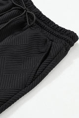 Black Textured Long Sleeve Top and Drawstring Shorts Set Short Sets JT's Designer Fashion