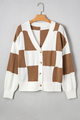 Khaki Checkered Pattern Ribbed Detail Button V Neck Sweater Cardigan Cardigans JT's Designer Fashion