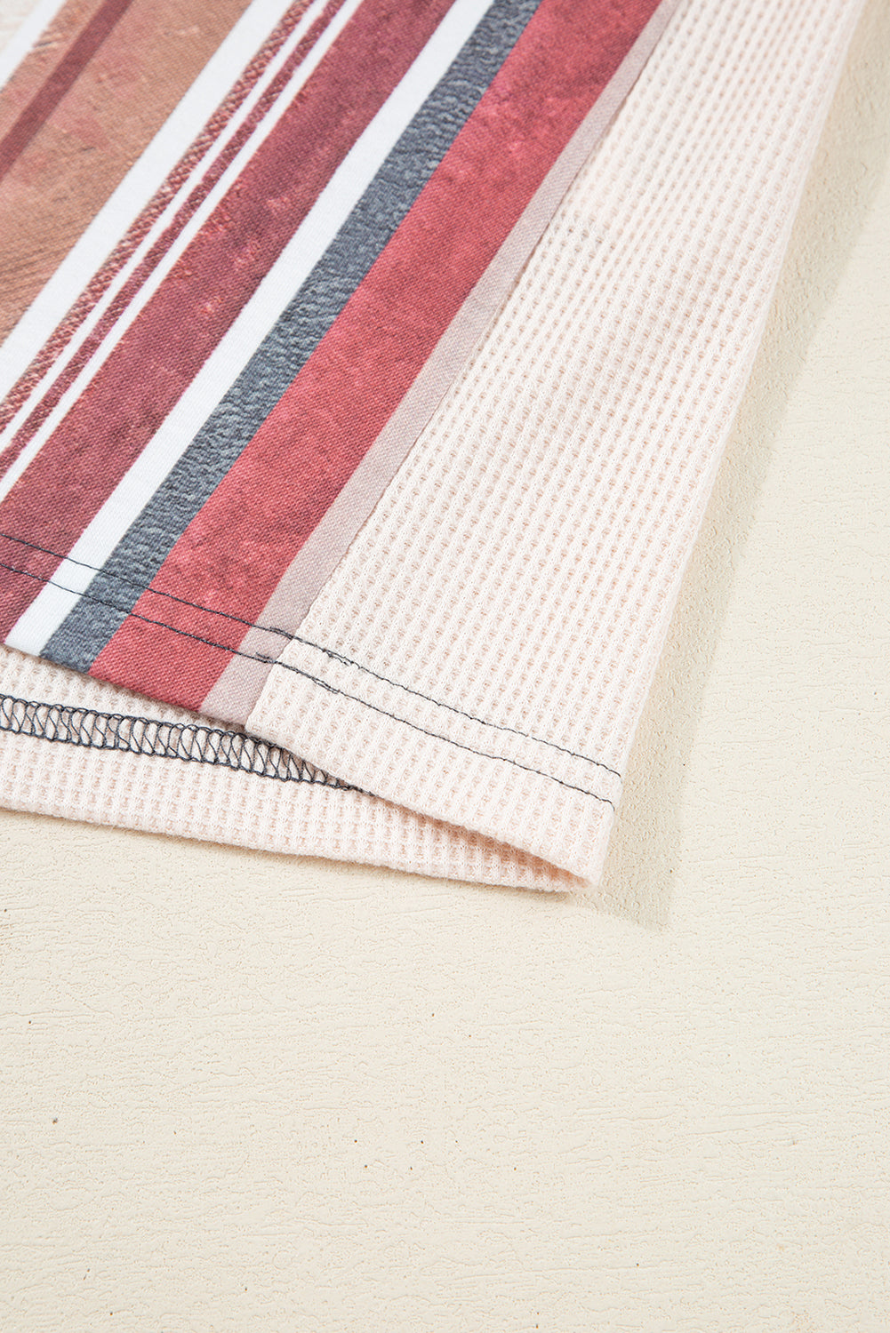 Beige Striped Waffle Patchwork Exposed Seam Raw Edge Casual Knit Top Blouses & Shirts JT's Designer Fashion