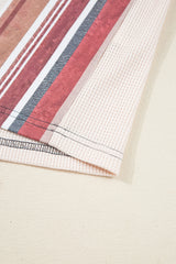 Beige Striped Waffle Patchwork Exposed Seam Raw Edge Casual Knit Top Blouses & Shirts JT's Designer Fashion