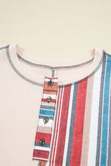 Beige Striped Waffle Patchwork Exposed Seam Raw Edge Casual Knit Top Blouses & Shirts JT's Designer Fashion